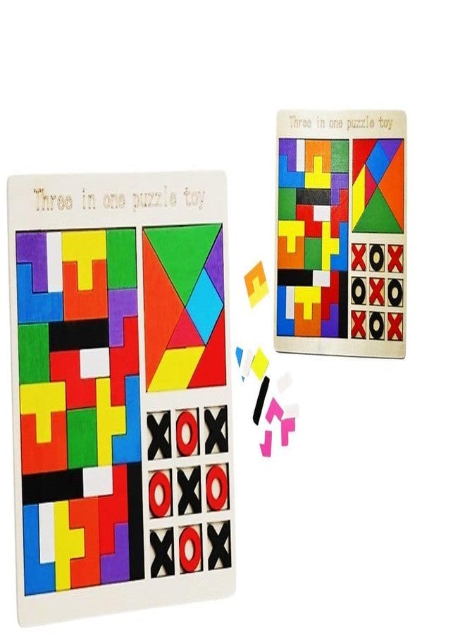 PIXELERA Kids Wooden Children's Educational Colorful Square Tangram Game Chess Xo Tic-Tac-Toe Nine-Square Three-in-One Puzzle Building Blocks Early Education Toy - Image 1